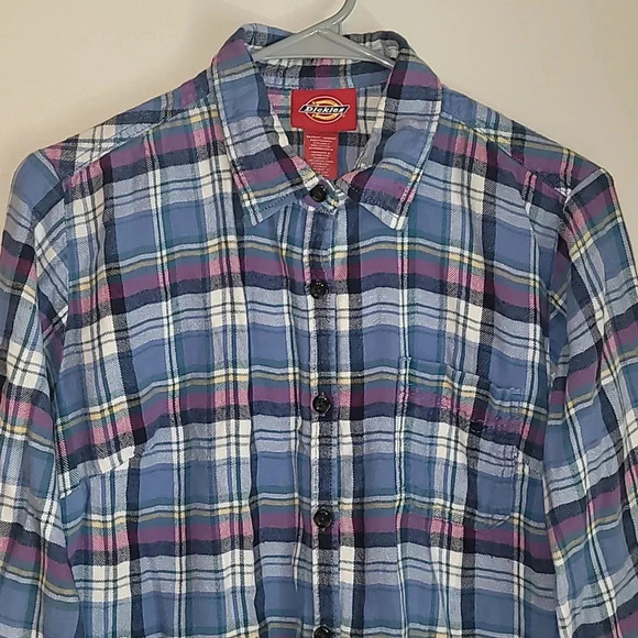 Women's size large Dickies flannel long sleeve button up blue and purple - Picture 3 of 5